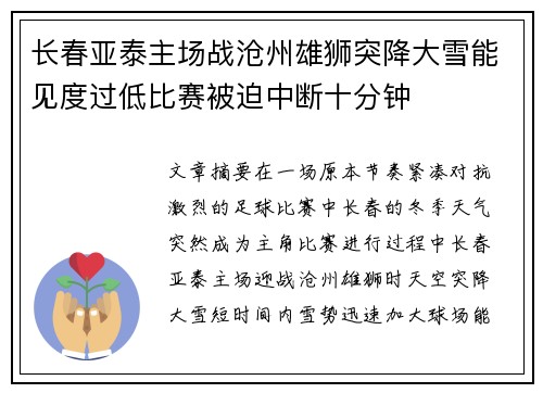 长春亚泰主场战沧州雄狮突降大雪能见度过低比赛被迫中断十分钟 长春亚泰主场战沧州雄狮突降大雪能见度过低比赛被迫中断十分钟