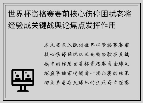 世界杯资格赛赛前核心伤停困扰老将经验成关键战舆论焦点发挥作用